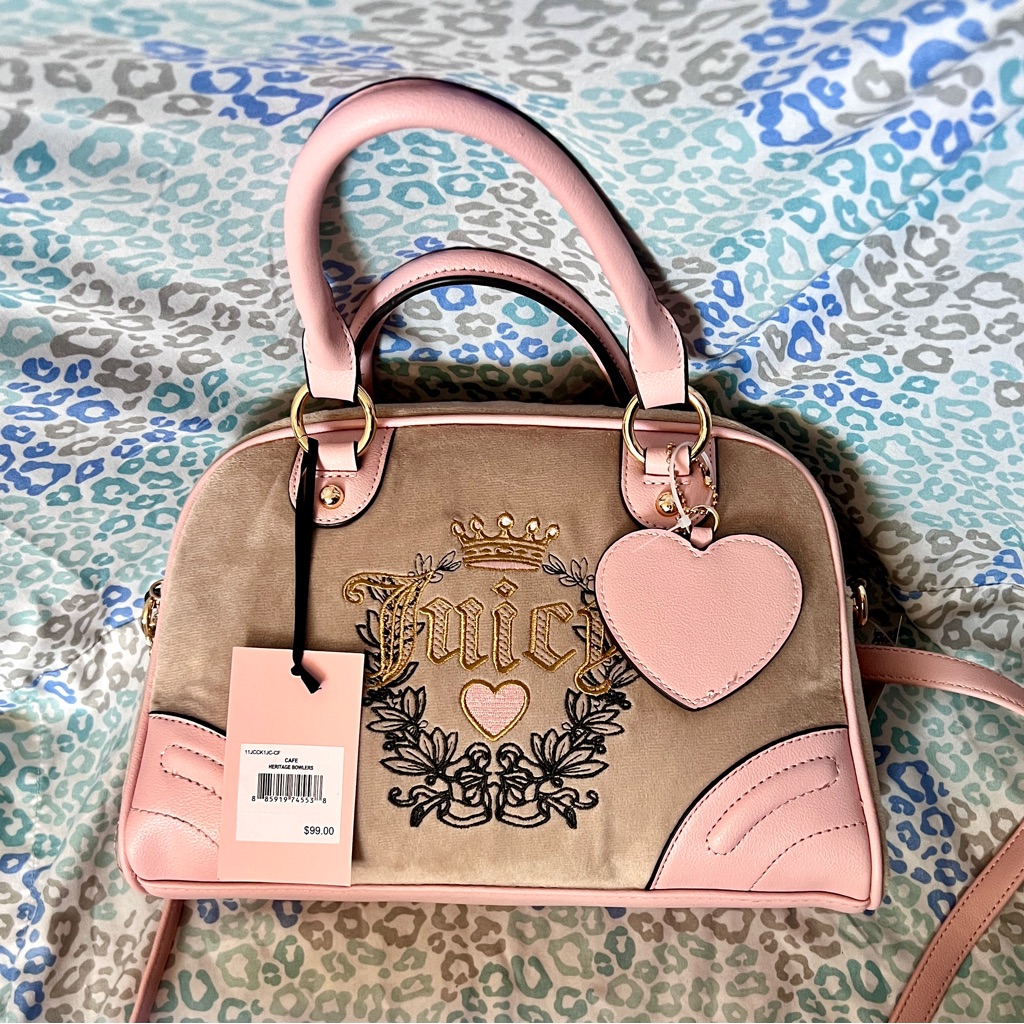 New Pink Tan Juicy Couture Purse Bag Satchel Crossbody Bag Velour Vintage Style